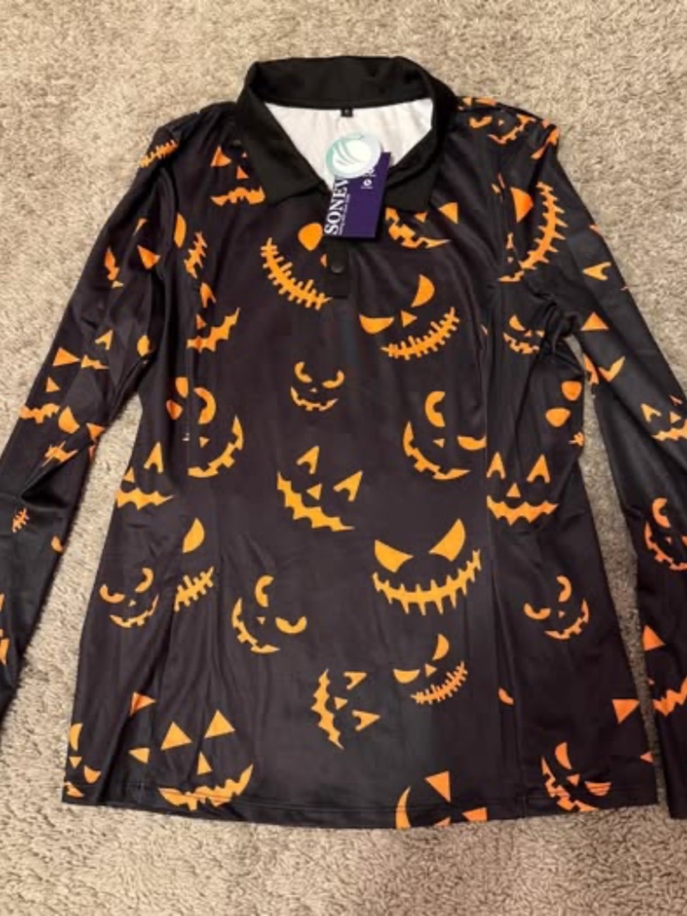 NWT HALLOWEEN PUMPKIN GRIN PRINT V-NECK LONG-SLEEVE POLO SHIRT